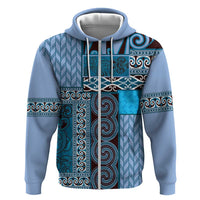 Blue Aotearoa Kowhaiwhai Pattern Zip Hoodie NZ Maori Quilt Style
