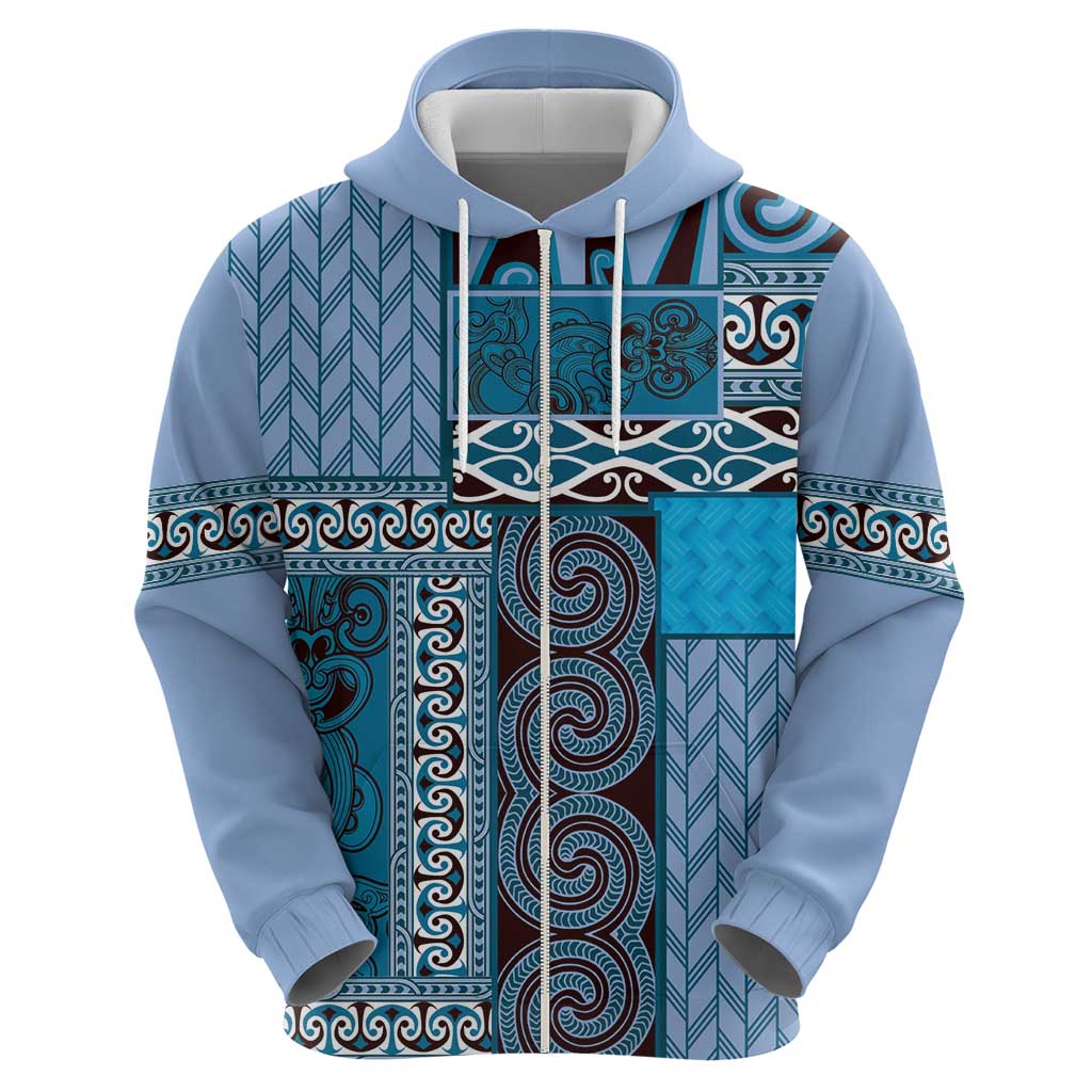 Blue Aotearoa Kowhaiwhai Pattern Zip Hoodie NZ Maori Quilt Style