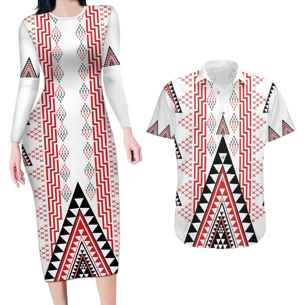 Aotearoa Taniko Couples Matching Long Sleeve Bodycon Dress and Hawaiian Shirt Niho Taniwha Purapura Whetu Mix Poutama