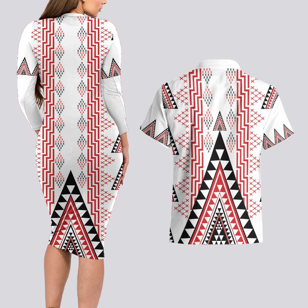 Aotearoa Taniko Couples Matching Long Sleeve Bodycon Dress and Hawaiian Shirt Niho Taniwha Purapura Whetu Mix Poutama