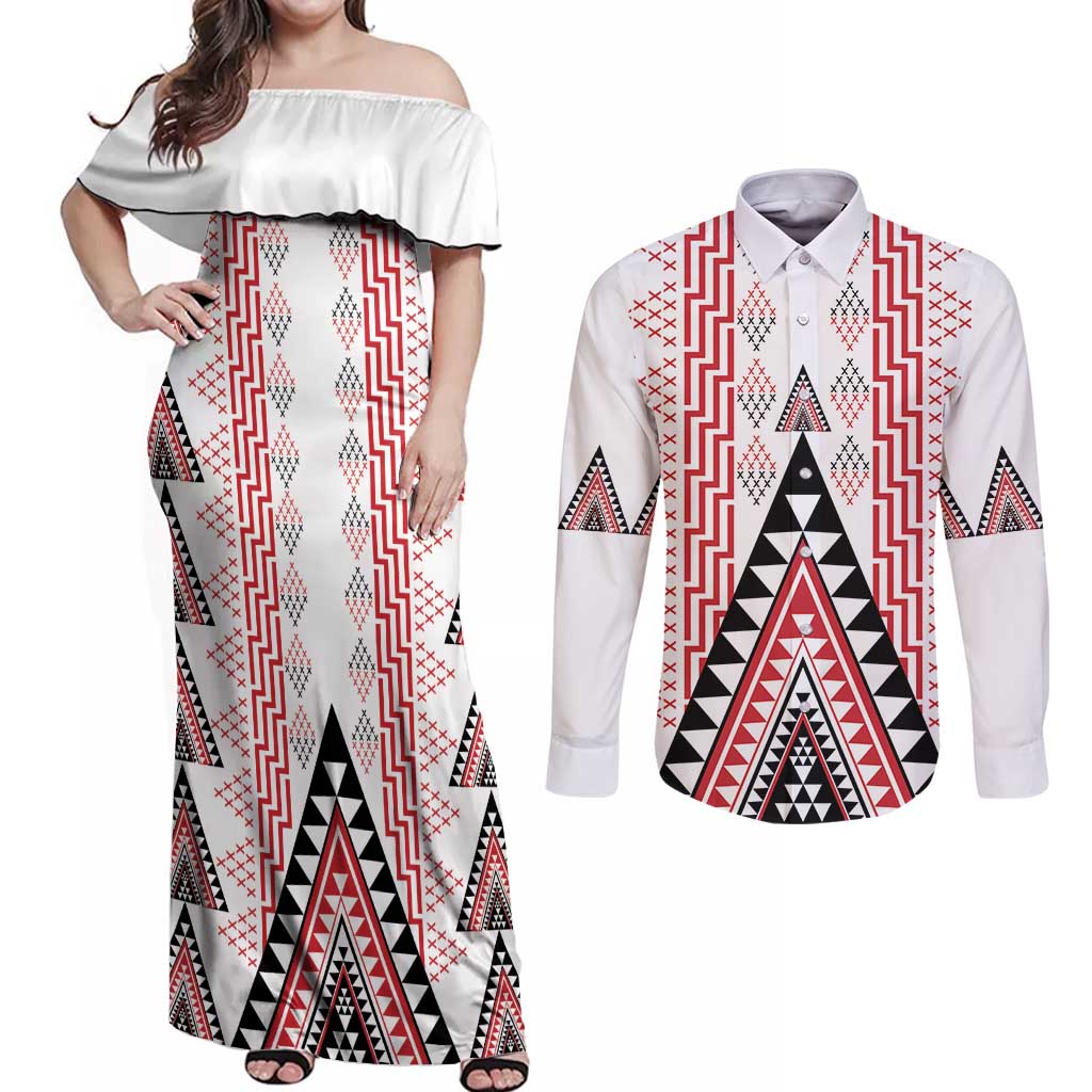 Aotearoa Taniko Couples Matching Off Shoulder Maxi Dress and Long Sleeve Button Shirt Niho Taniwha Purapura Whetu Mix Poutama