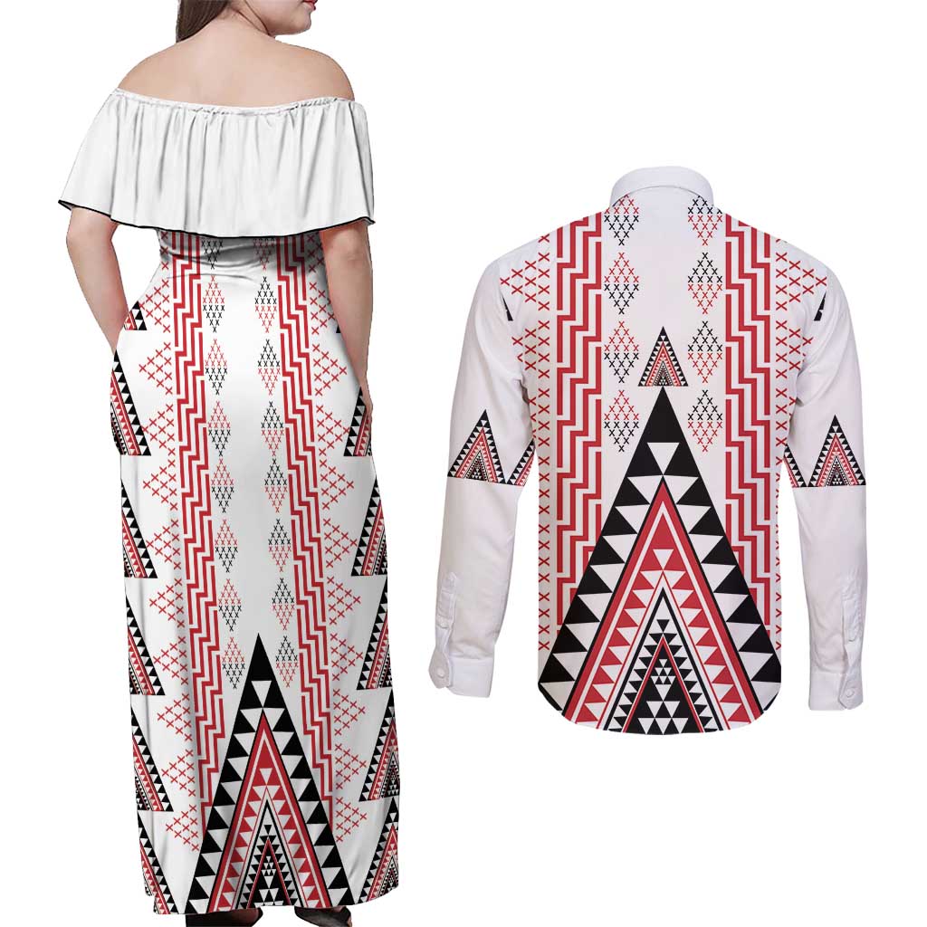 Aotearoa Taniko Couples Matching Off Shoulder Maxi Dress and Long Sleeve Button Shirt Niho Taniwha Purapura Whetu Mix Poutama