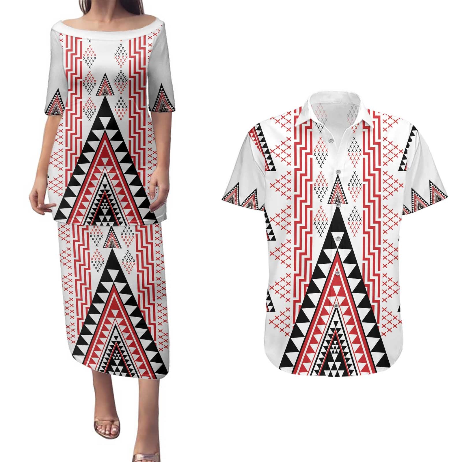 Aotearoa Taniko Couples Matching Puletasi and Hawaiian Shirt Niho Taniwha Purapura Whetu Mix Poutama