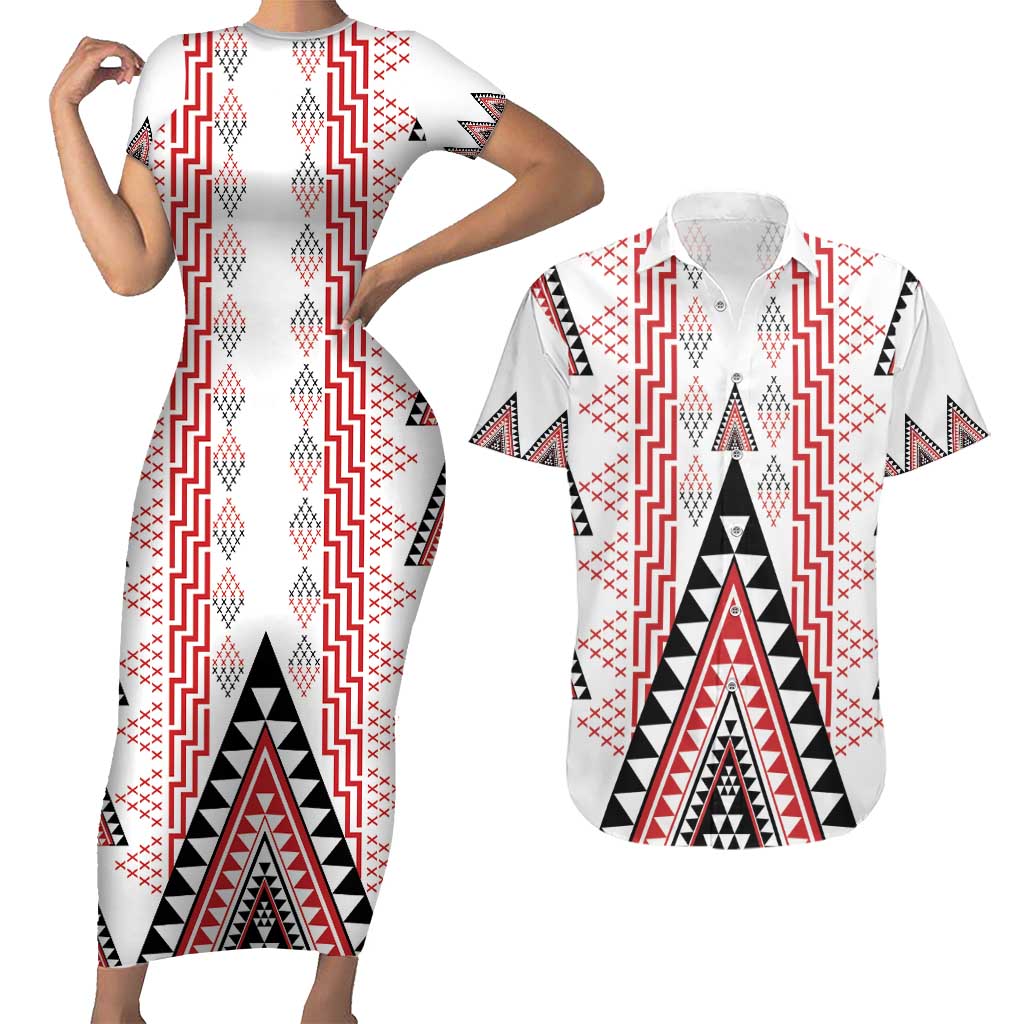Aotearoa Taniko Couples Matching Short Sleeve Bodycon Dress and Hawaiian Shirt Niho Taniwha Purapura Whetu Mix Poutama
