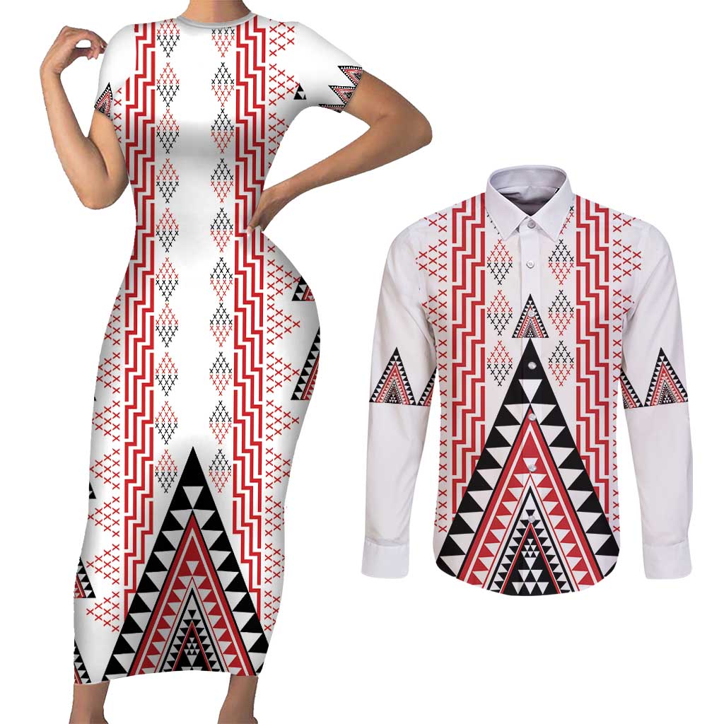 Aotearoa Taniko Couples Matching Short Sleeve Bodycon Dress and Long Sleeve Button Shirt Niho Taniwha Purapura Whetu Mix Poutama