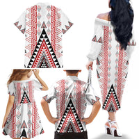 Aotearoa Taniko Family Matching Off The Shoulder Long Sleeve Dress and Hawaiian Shirt Niho Taniwha Purapura Whetu Mix Poutama