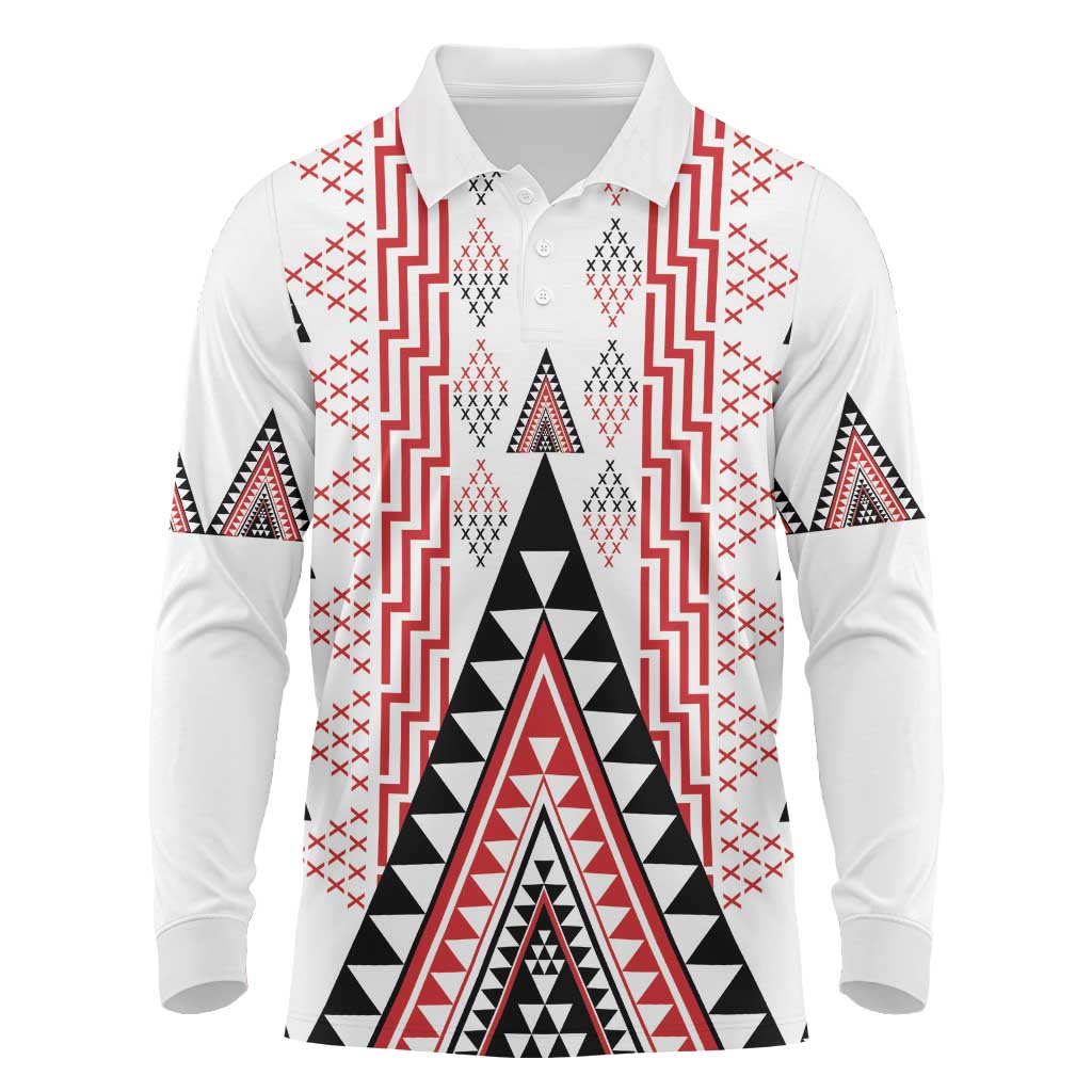 Aotearoa Taniko Long Sleeve Polo Shirt Niho Taniwha Purapura Whetu Mix Poutama LT14 White - Polynesian Pride