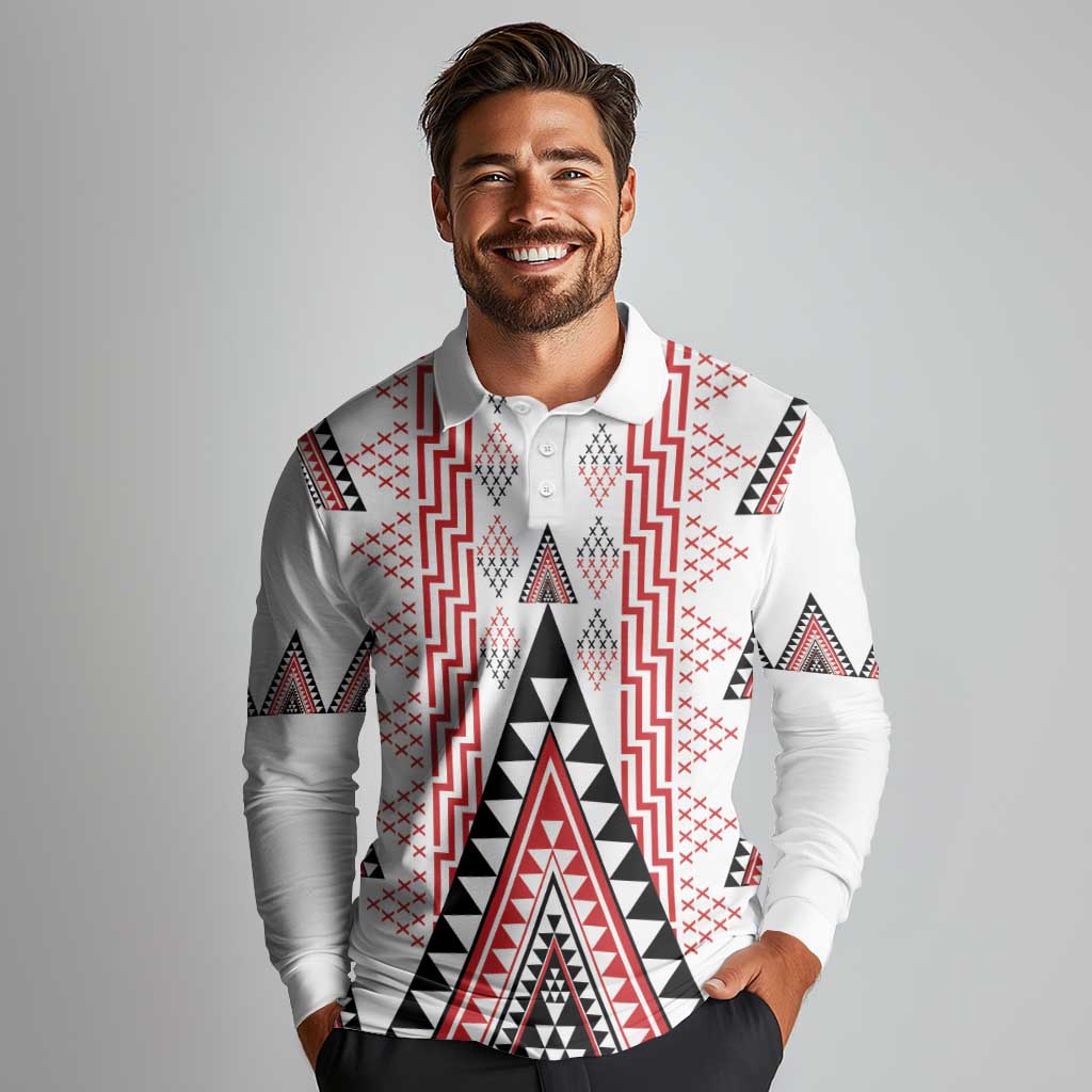 Aotearoa Taniko Long Sleeve Polo Shirt Niho Taniwha Purapura Whetu Mix Poutama LT14 - Polynesian Pride