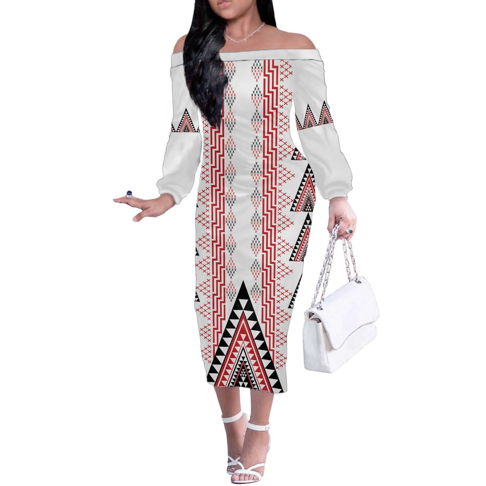 Aotearoa Taniko Off The Shoulder Long Sleeve Dress Niho Taniwha Purapura Whetu Mix Poutama