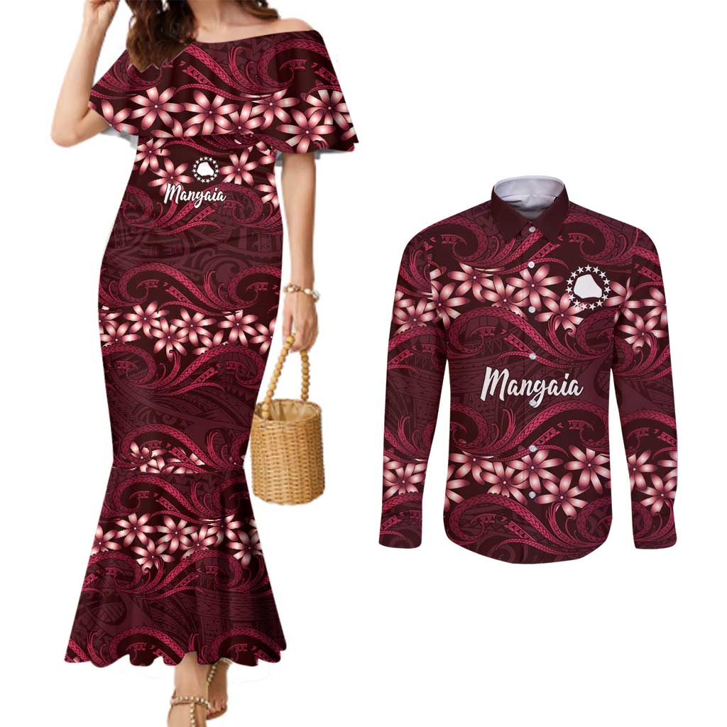 Personalised Cook Islands Mangaia Couples Matching Mermaid Dress and Long Sleeve Button Shirt Tiare Maori Polynesian Waves Tattoo
