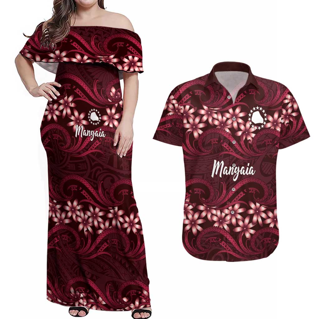 Personalised Cook Islands Mangaia Couples Matching Off Shoulder Maxi Dress and Hawaiian Shirt Tiare Maori Polynesian Waves Tattoo