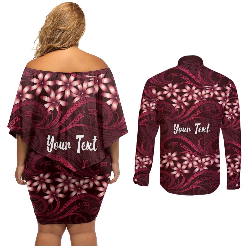 Personalised Cook Islands Mangaia Couples Matching Off Shoulder Short Dress and Long Sleeve Button Shirt Tiare Maori Polynesian Waves Tattoo