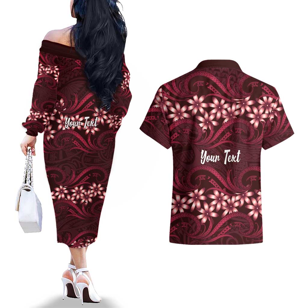 Personalised Cook Islands Mangaia Couples Matching Off The Shoulder Long Sleeve Dress and Hawaiian Shirt Tiare Maori Polynesian Waves Tattoo