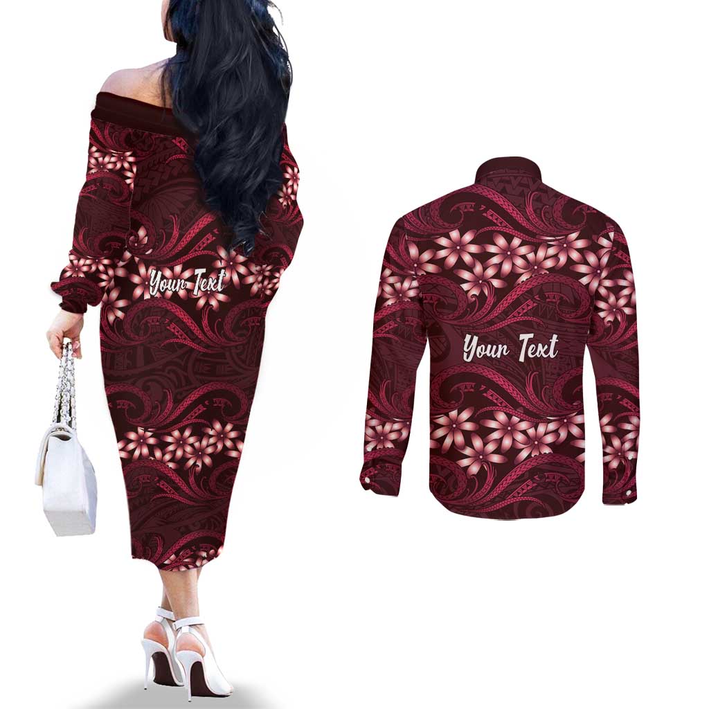 Personalised Cook Islands Mangaia Couples Matching Off The Shoulder Long Sleeve Dress and Long Sleeve Button Shirt Tiare Maori Polynesian Waves Tattoo