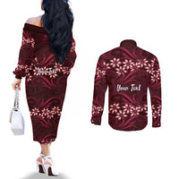 Personalised Cook Islands Mangaia Couples Matching Off The Shoulder Long Sleeve Dress and Long Sleeve Button Shirt Tiare Maori Polynesian Waves Tattoo
