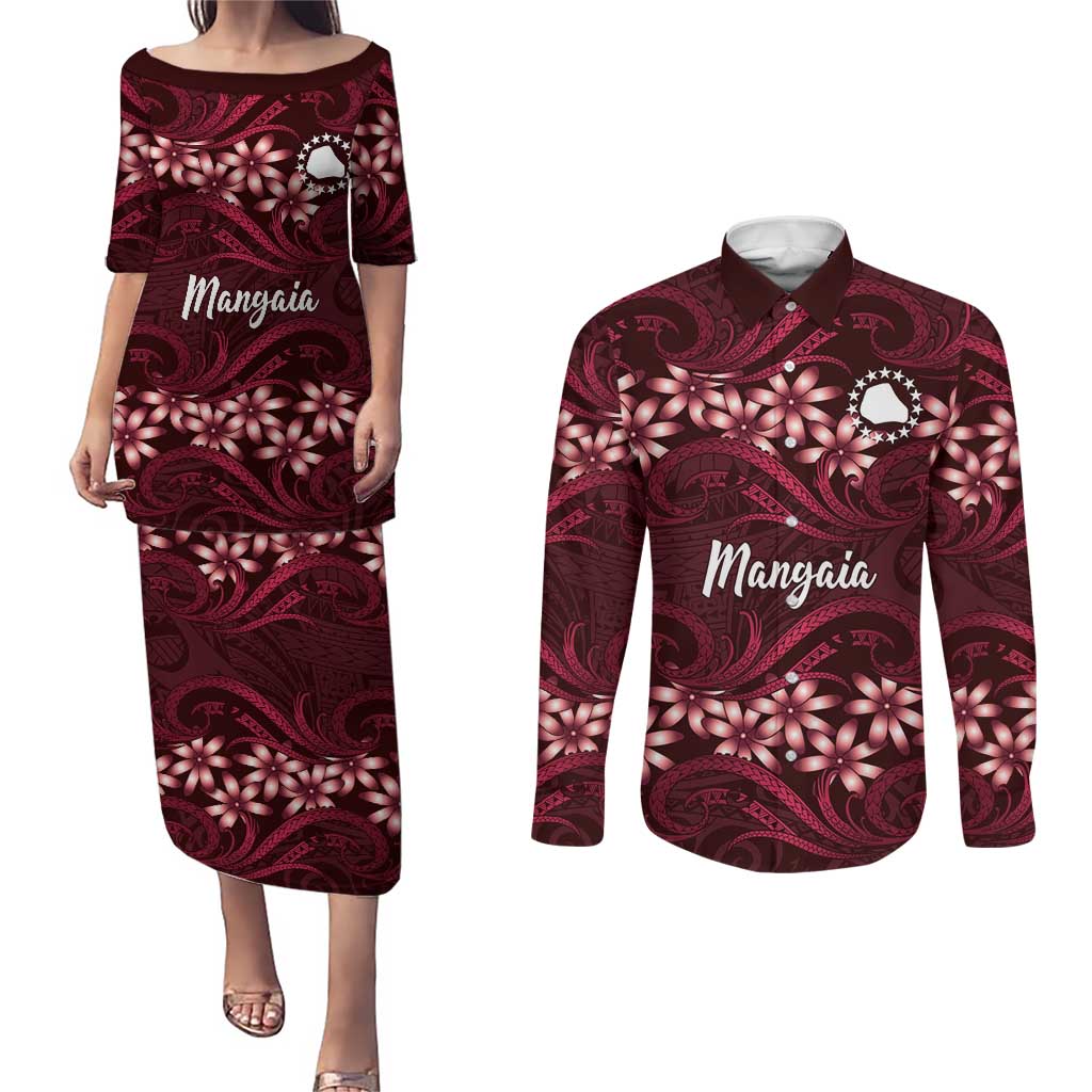 Personalised Cook Islands Mangaia Couples Matching Puletasi and Long Sleeve Button Shirt Tiare Maori Polynesian Waves Tattoo