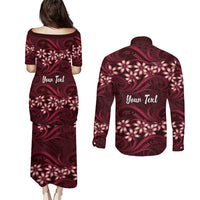 Personalised Cook Islands Mangaia Couples Matching Puletasi and Long Sleeve Button Shirt Tiare Maori Polynesian Waves Tattoo