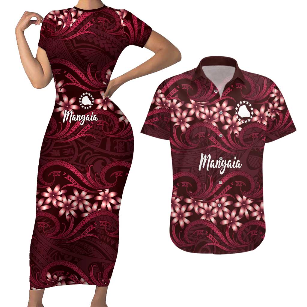 Personalised Cook Islands Mangaia Couples Matching Short Sleeve Bodycon Dress and Hawaiian Shirt Tiare Maori Polynesian Waves Tattoo
