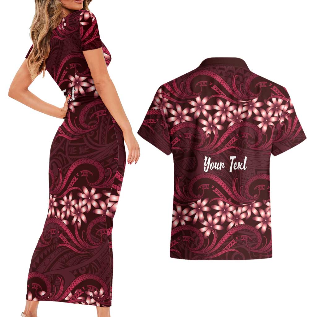 Personalised Cook Islands Mangaia Couples Matching Short Sleeve Bodycon Dress and Hawaiian Shirt Tiare Maori Polynesian Waves Tattoo
