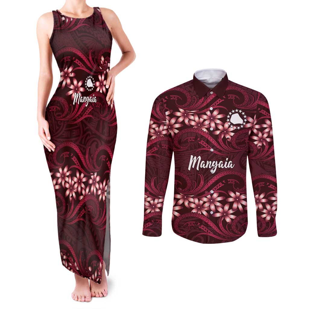 Personalised Cook Islands Mangaia Couples Matching Tank Maxi Dress and Long Sleeve Button Shirt Tiare Maori Polynesian Waves Tattoo