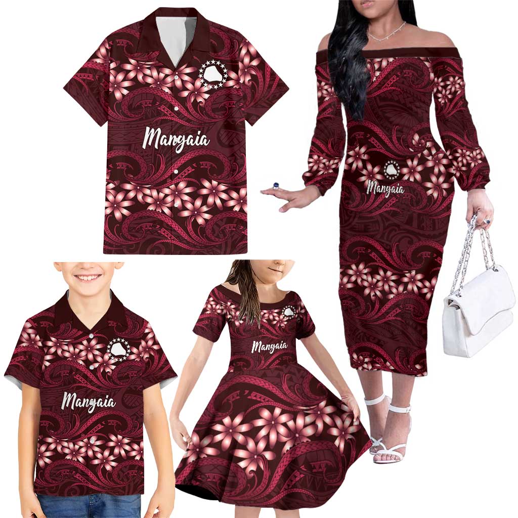 Personalised Cook Islands Mangaia Family Matching Off The Shoulder Long Sleeve Dress and Hawaiian Shirt Tiare Maori Polynesian Waves Tattoo