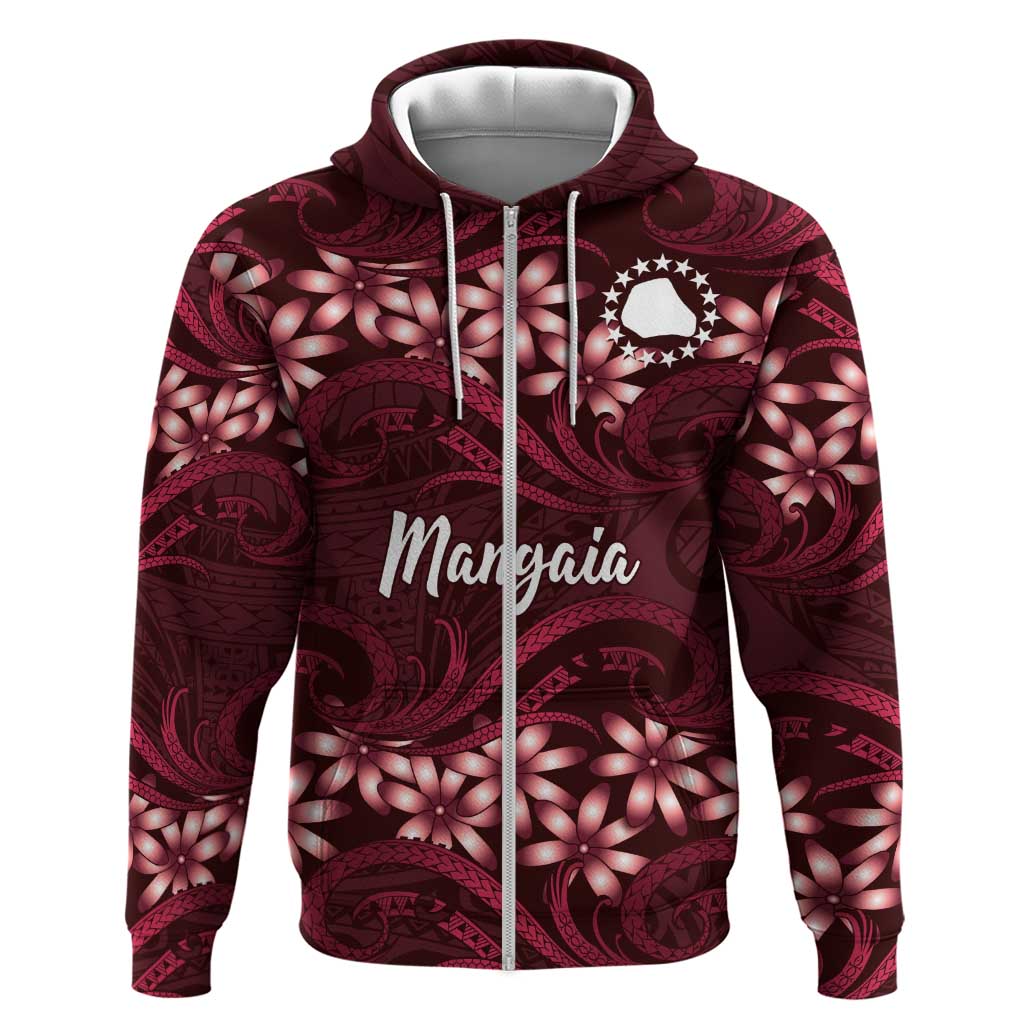 Personalised Cook Islands Mangaia Hoodie Tiare Maori Polynesian Waves Tattoo LT14 Zip Hoodie Burgundy - Polynesian Pride
