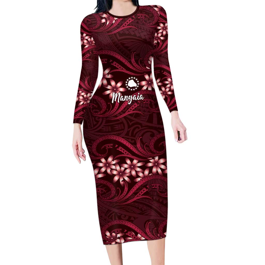 Personalised Cook Islands Mangaia Long Sleeve Bodycon Dress Tiare Maori Polynesian Waves Tattoo LT14 Long Dress Burgundy - Polynesian Pride