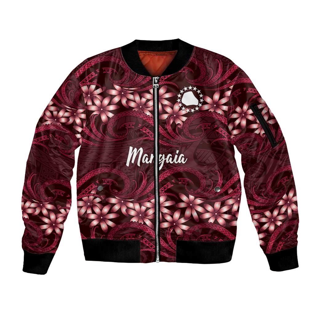 Personalised Cook Islands Mangaia Sleeve Zip Bomber Jacket Tiare Maori Polynesian Waves Tattoo LT14 Unisex Burgundy - Polynesian Pride