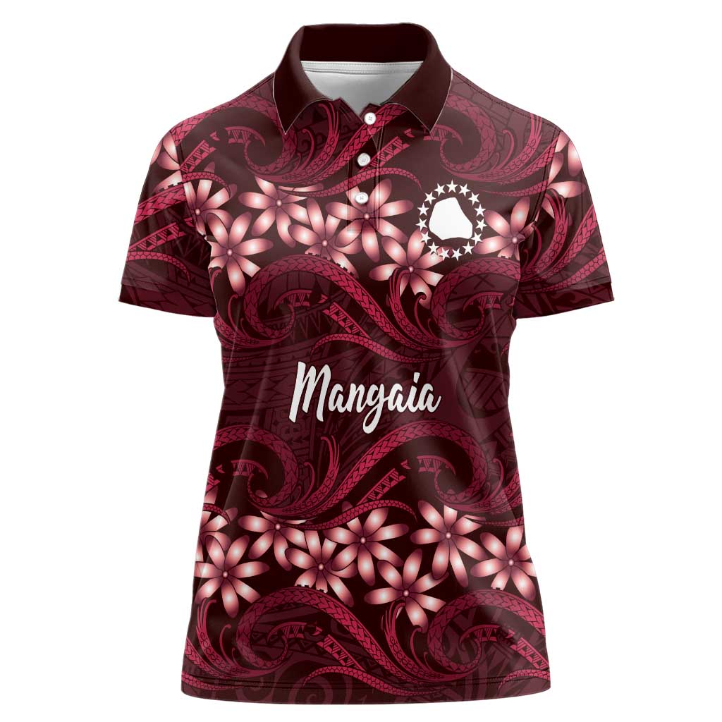 Personalised Cook Islands Mangaia Women Polo Shirt Tiare Maori Polynesian Waves Tattoo LT14 Female Burgundy - Polynesian Pride