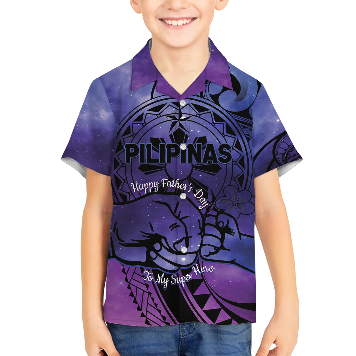 Philippines Father's Day Family Matching Off Shoulder Maxi Dress and Hawaiian Shirt Polynesian Tattoo Galaxy Vibes