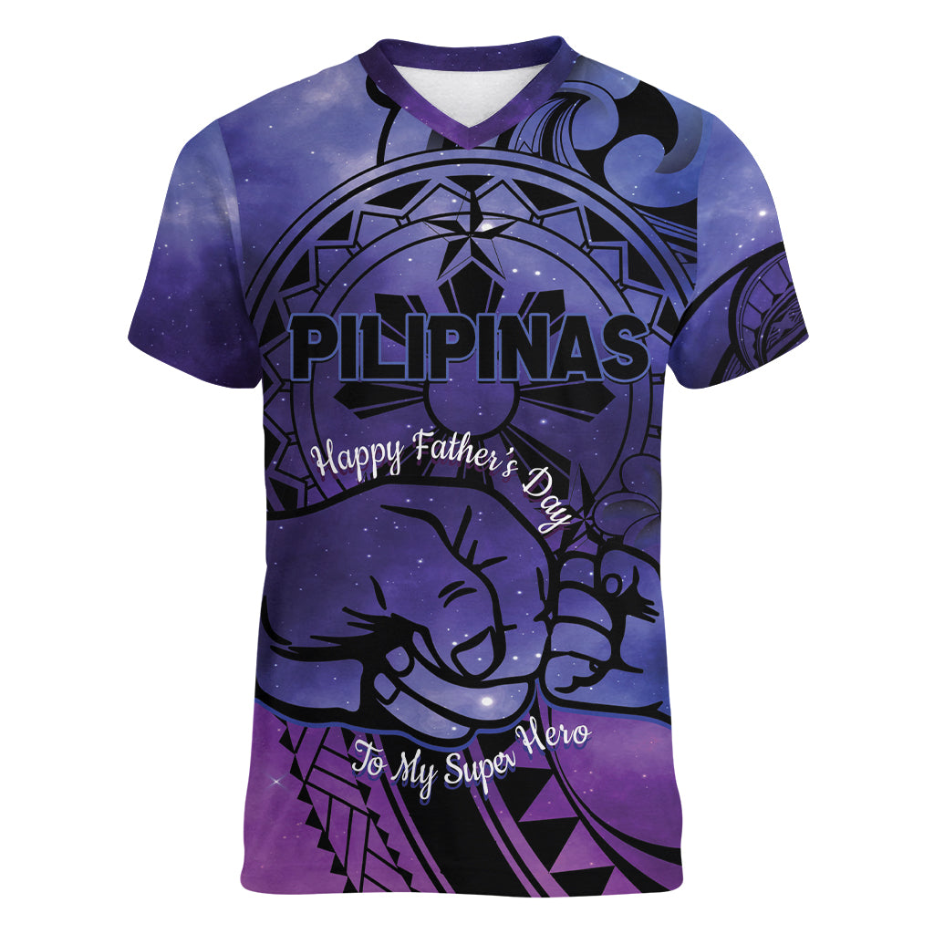 Philippines Father's Day Women V-Neck T-Shirt Polynesian Tattoo Galaxy Vibes