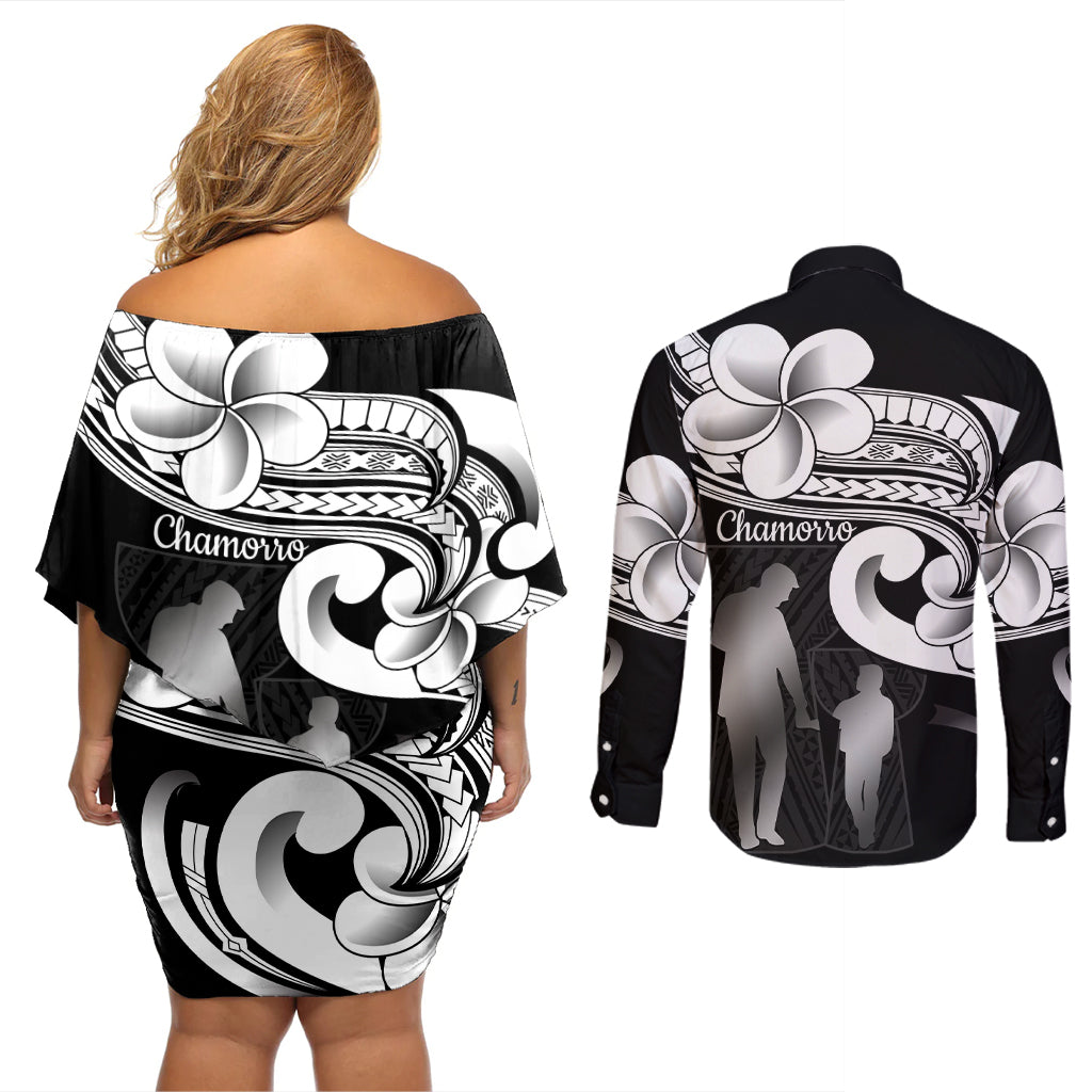 Guam Father's Day Couples Matching Off Shoulder Short Dress and Long Sleeve Button Shirt Chamorro Latte Stone Polynesian Pattern