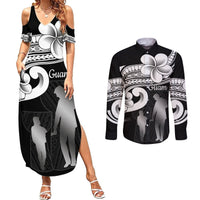 Guam Father's Day Couples Matching Summer Maxi Dress and Long Sleeve Button Shirt Chamorro Latte Stone Polynesian Pattern LT14 Black - Polynesian Pride