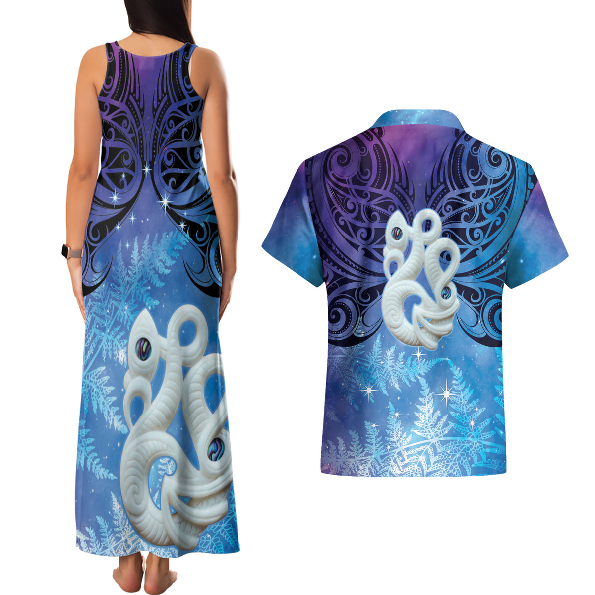 New Zealand Matariki Couples Matching Tank Maxi Dress and Hawaiian Shirt Aotearoa Maori New Year Manaia Galaxy Vibes