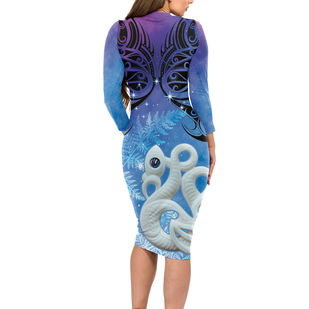New Zealand Matariki Long Sleeve Bodycon Dress Aotearoa Maori New Year Manaia Galaxy Vibes