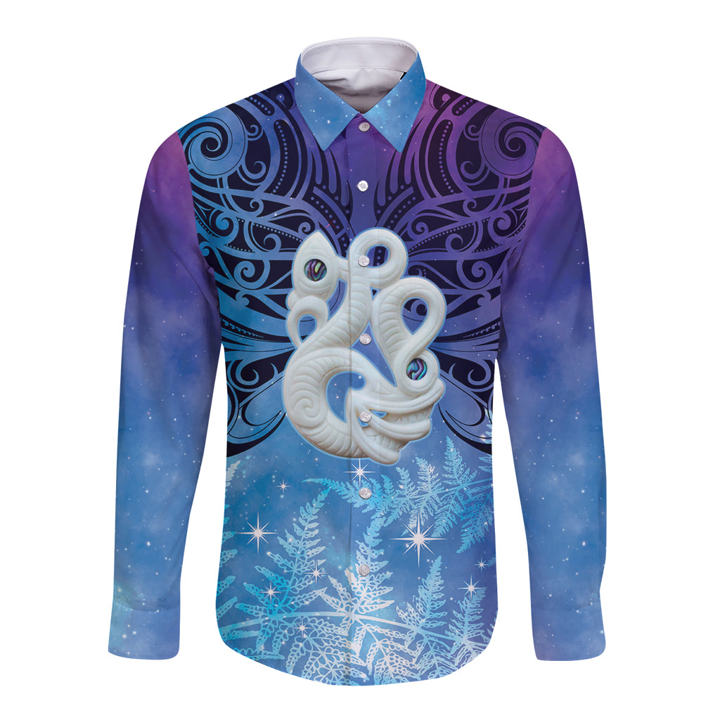 New Zealand Matariki Long Sleeve Button Shirt Aotearoa Maori New Year Manaia Galaxy Vibes