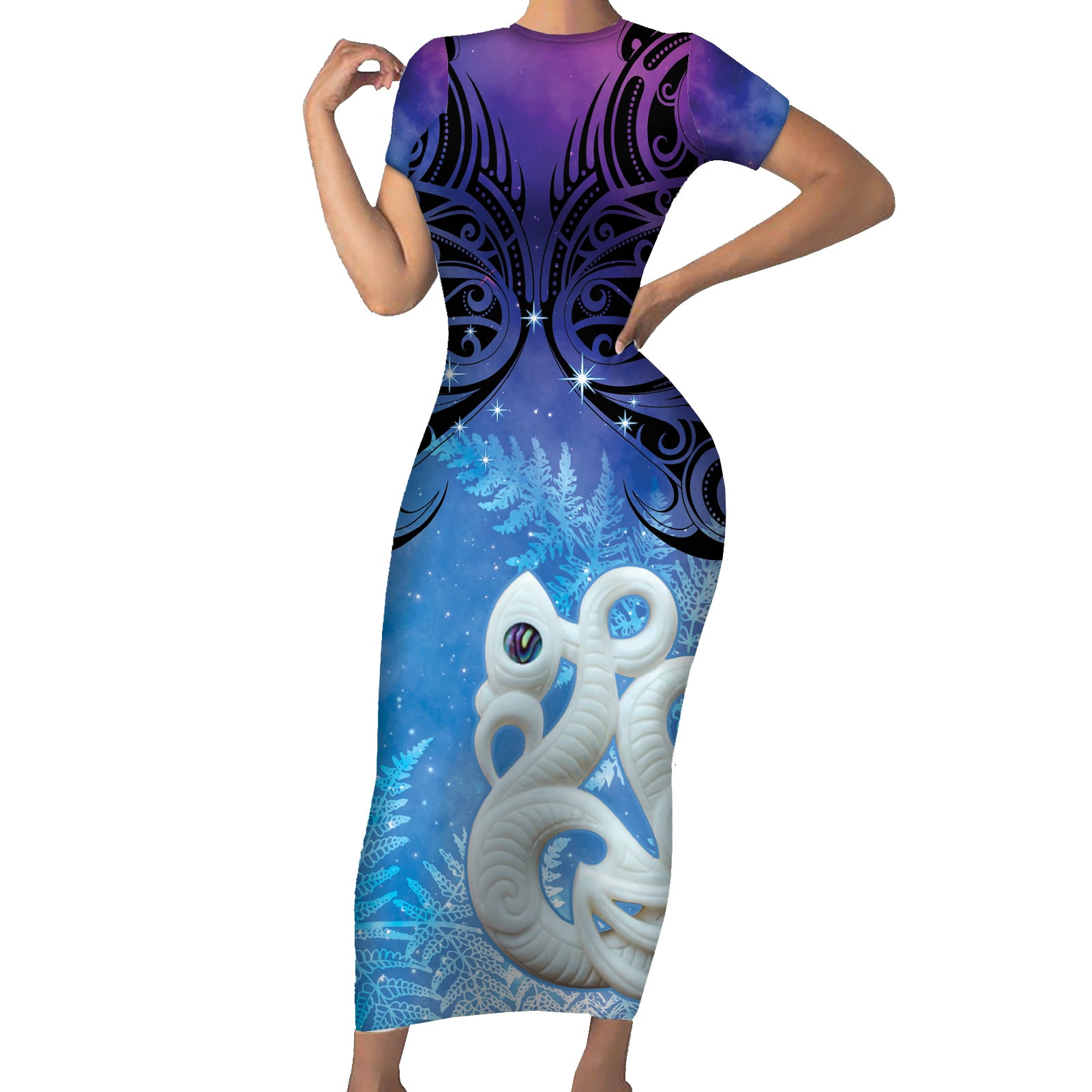 New Zealand Matariki Short Sleeve Bodycon Dress Aotearoa Maori New Year Manaia Galaxy Vibes