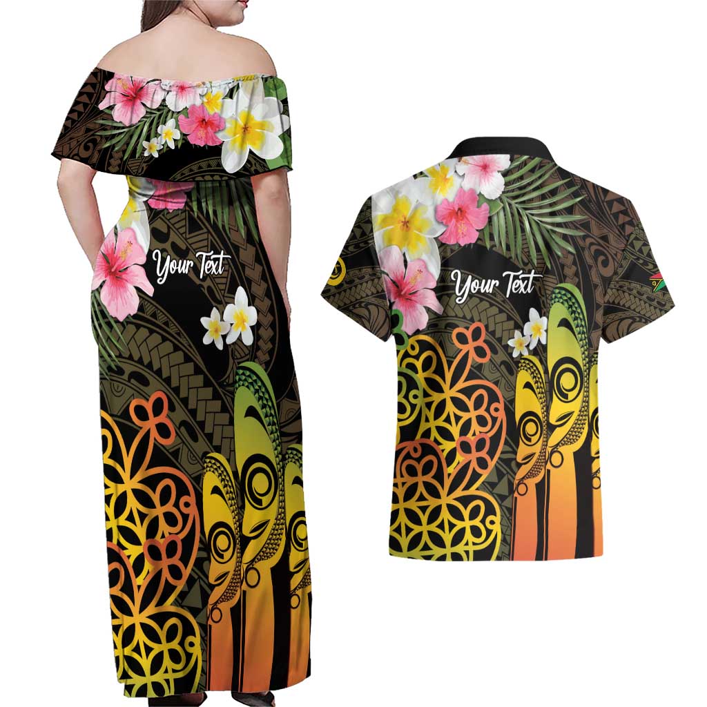 Personalised Vanuatu Independence Day Couples Matching Off Shoulder Maxi Dress and Hawaiian Shirt Carving Drum Sand Drawing Turtle