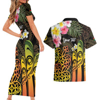 Personalised Vanuatu Independence Day Couples Matching Short Sleeve Bodycon Dress and Hawaiian Shirt Carving Drum Sand Drawing Turtle