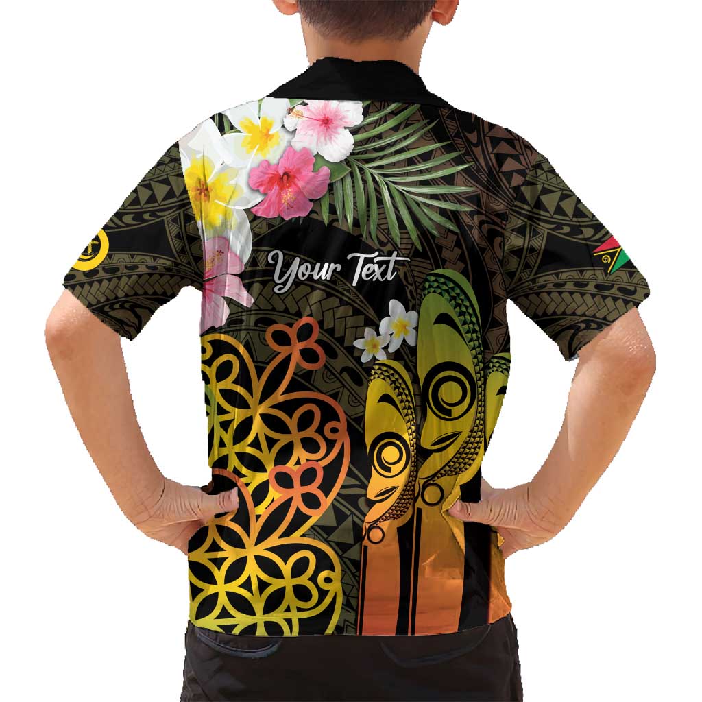 Personalised Vanuatu Independence Day Family Matching Long Sleeve Bodycon Dress and Hawaiian Shirt Carving Drum Sand Drawing Turtle