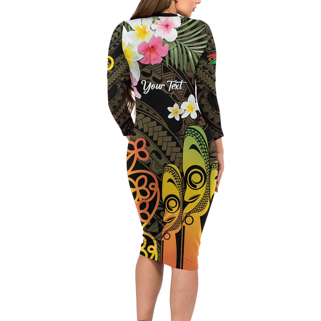 Personalised Vanuatu Independence Day Family Matching Long Sleeve Bodycon Dress and Hawaiian Shirt Carving Drum Sand Drawing Turtle
