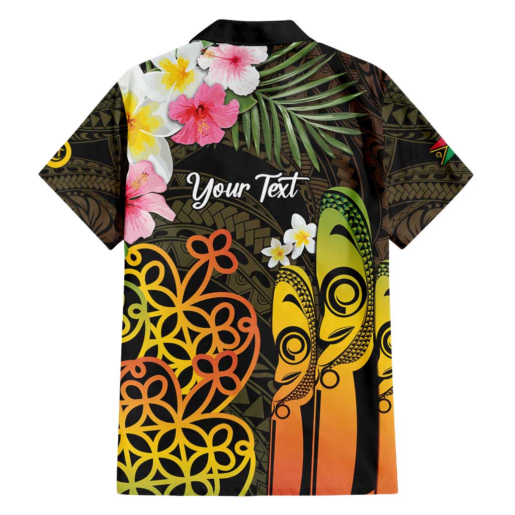 Personalised Vanuatu Independence Day Family Matching Off Shoulder Short Dress and Hawaiian Shirt Carving Drum Sand Drawing Turtle