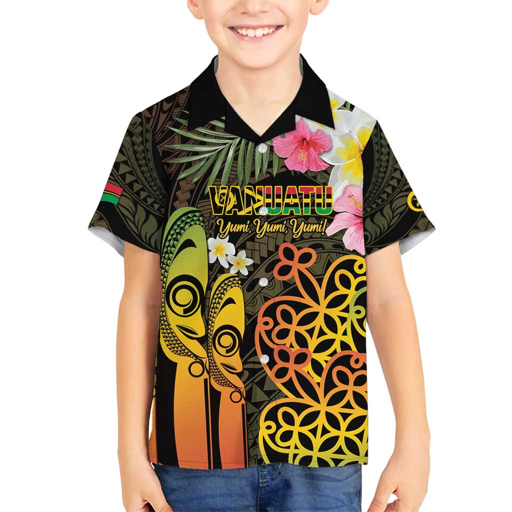 Personalised Vanuatu Independence Day Family Matching Off Shoulder Short Dress and Hawaiian Shirt Carving Drum Sand Drawing Turtle