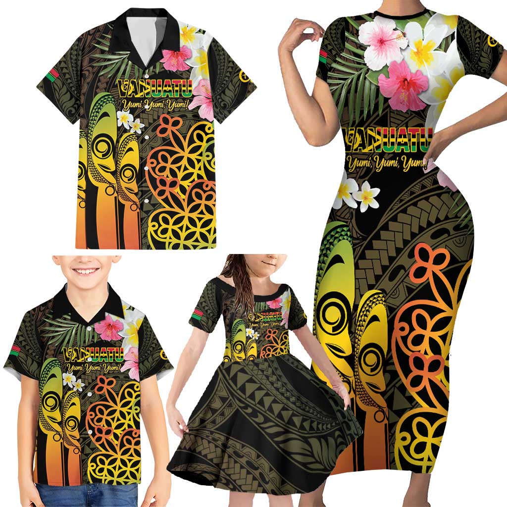 Personalised Vanuatu Independence Day Family Matching Short Sleeve Bodycon Dress and Hawaiian Shirt Carving Drum Sand Drawing Turtle