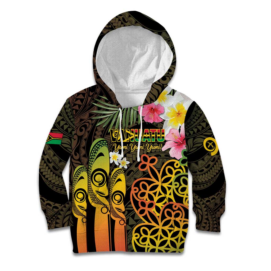 Personalised Vanuatu Independence Day Kid Hoodie Carving Drum Sand Drawing Turtle LT14 Hoodie Black - Polynesian Pride