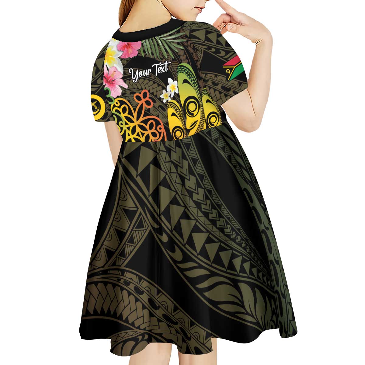 Personalised Vanuatu Independence Day Kid Short Sleeve Dress Carving Drum Sand Drawing Turtle LT14 - Polynesian Pride
