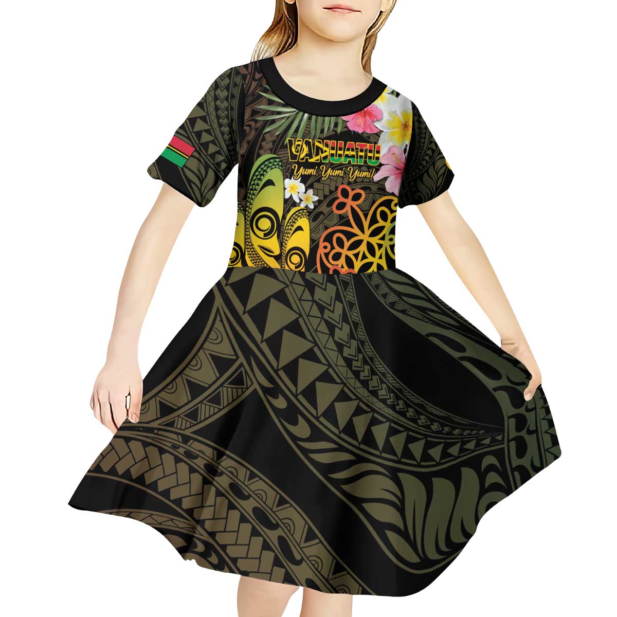 Personalised Vanuatu Independence Day Kid Short Sleeve Dress Carving Drum Sand Drawing Turtle LT14 - Polynesian Pride