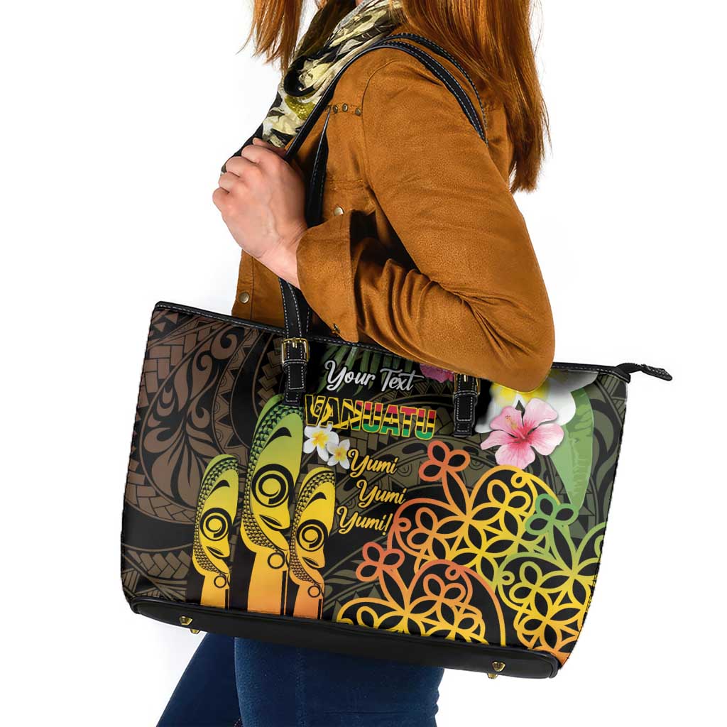 Personalised Vanuatu Independence Day Leather Tote Bag Carving Drum Sand Drawing Turtle