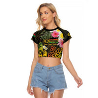 Personalised Vanuatu Independence Day Raglan Cropped T Shirt Carving Drum Sand Drawing Turtle LT14 Female Black - Polynesian Pride