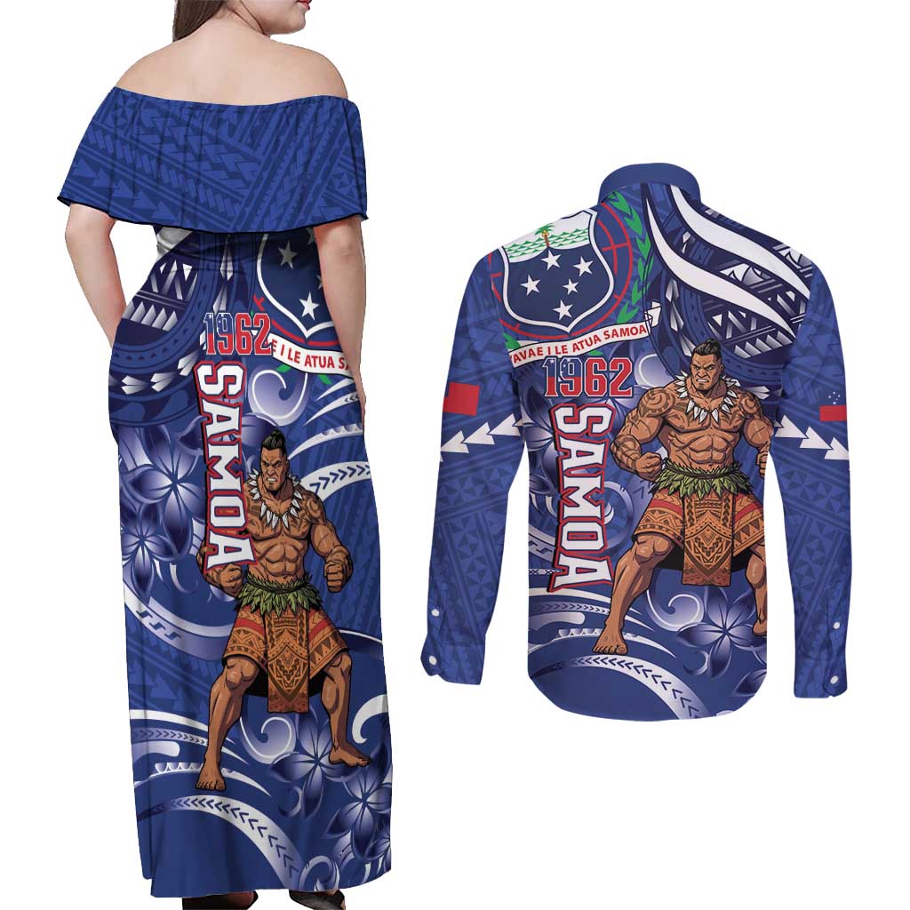 Samoa Independence Day Couples Matching Off Shoulder Maxi Dress and Long Sleeve Button Shirt 1962 Proud Samoan Warrior